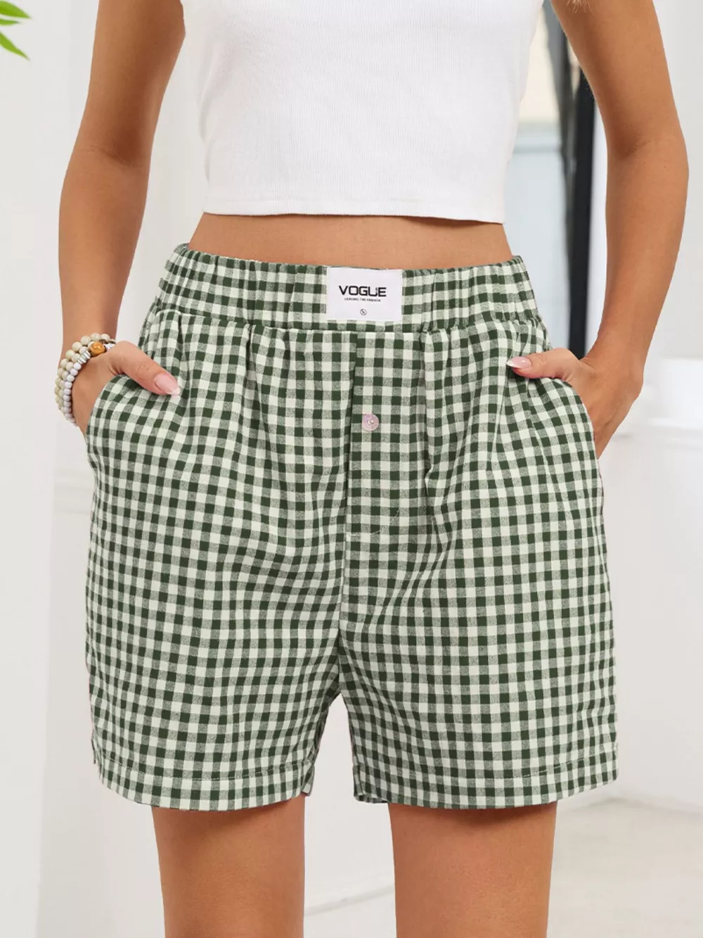 Gingham Elastic Waist Casual Shorts, image 16