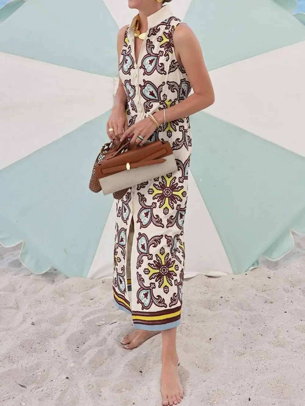 Printed Button Front Sleeveless Dress, image 2