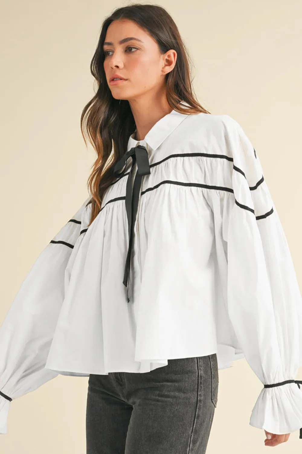 Ribbon Bowtie Collared Neck Flounce Sleeve Shirt, image 10
