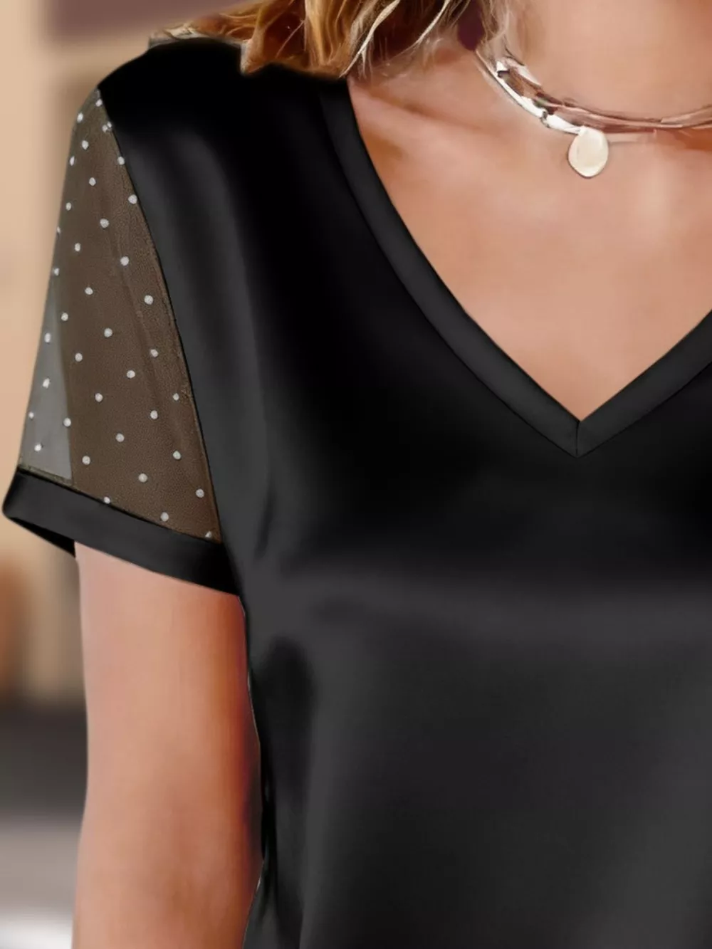 Polka Dot Mesh Sleeve Satin Short Sleeve Top, image 4