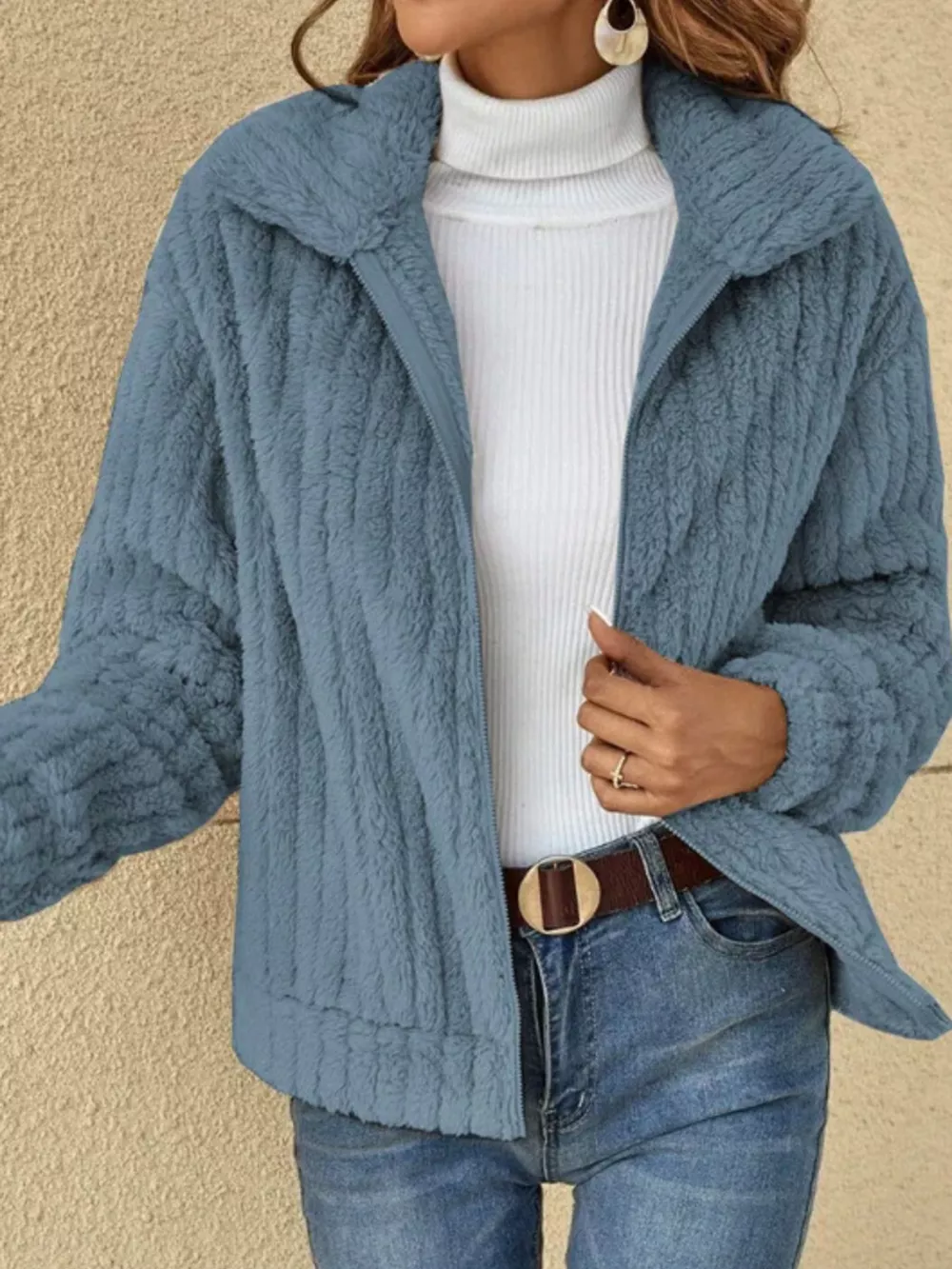 Full Size Zip-Up Long Sleeve Texture Jacket Plus Size, image 5