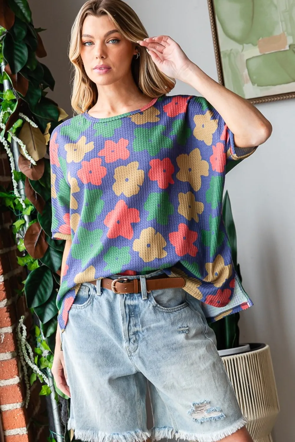 Full Size Floral Round Neck Side Slit T-Shirt