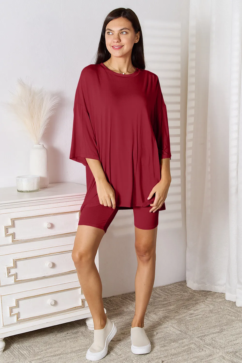 Full Size Soft Rayon Three-Quarter Sleeve Top and Shorts Set, image 22