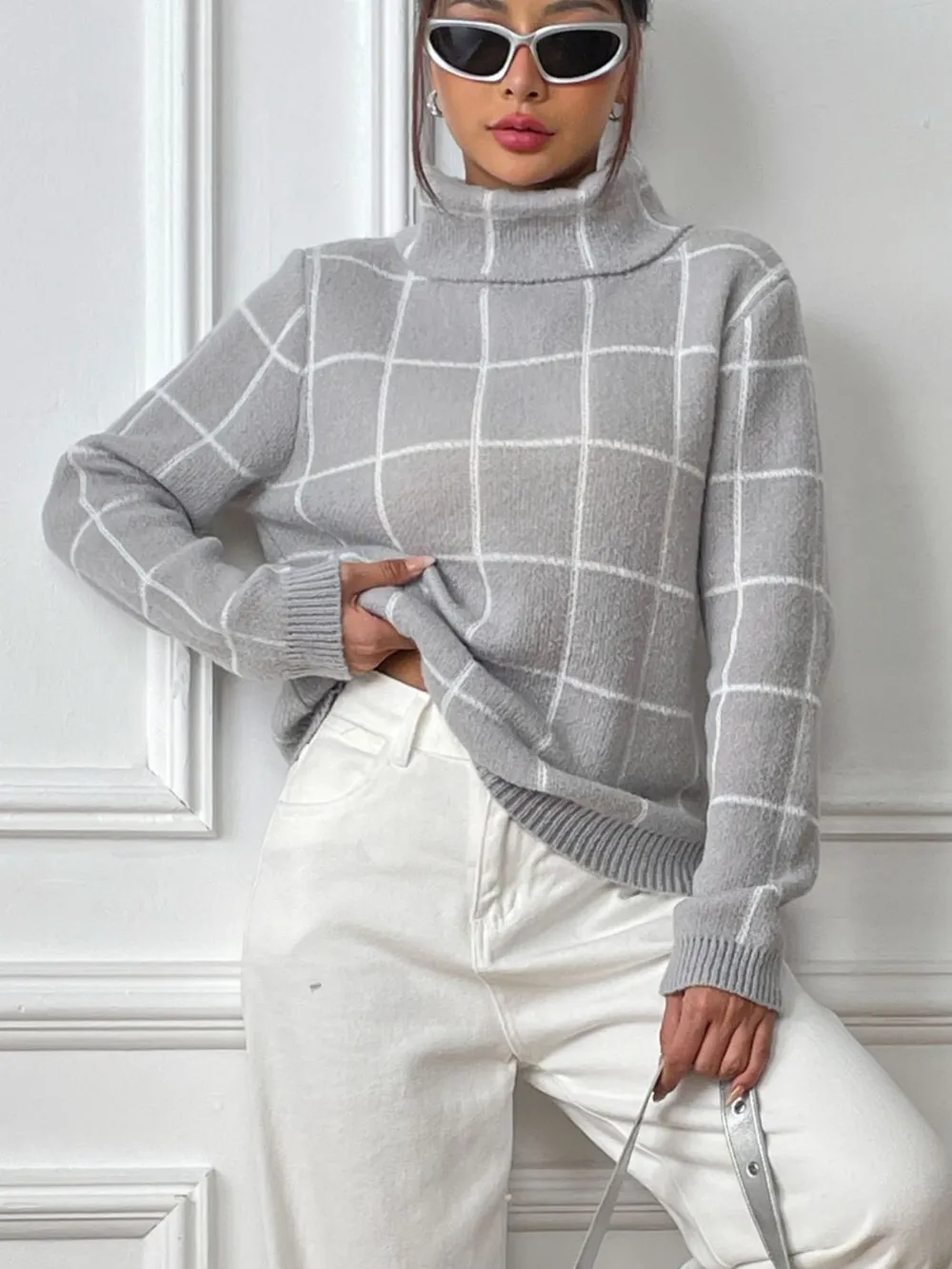 Plaid Turtleneck Long Sleeve Sweater, image 8