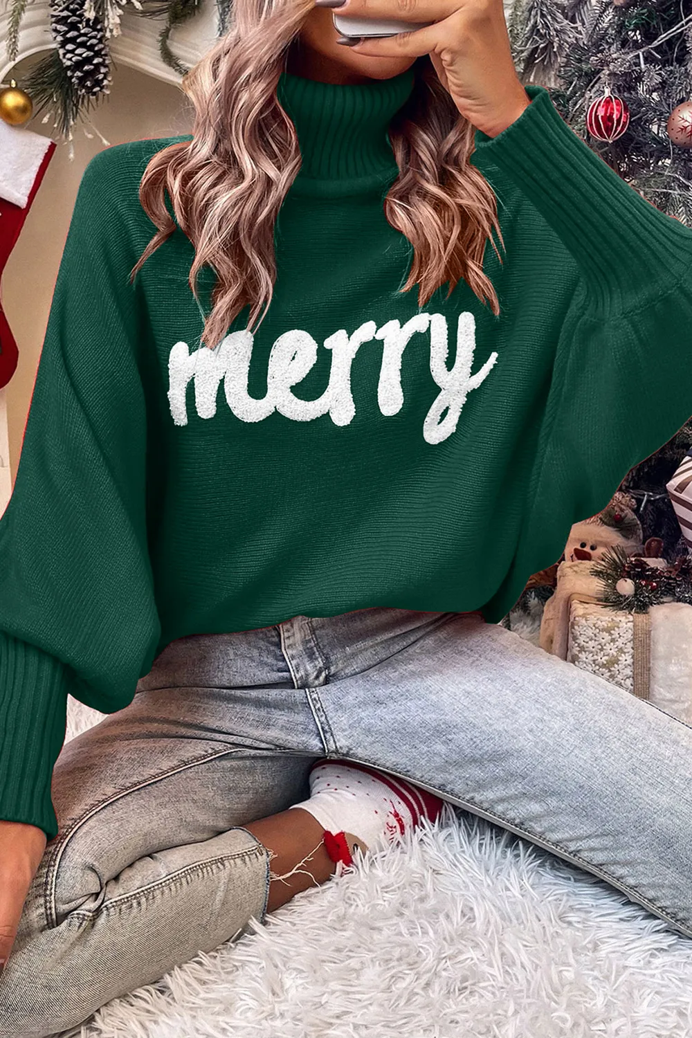 Full Size Merry Christmas Turtleneck Long Sleeve Sweater, image 9