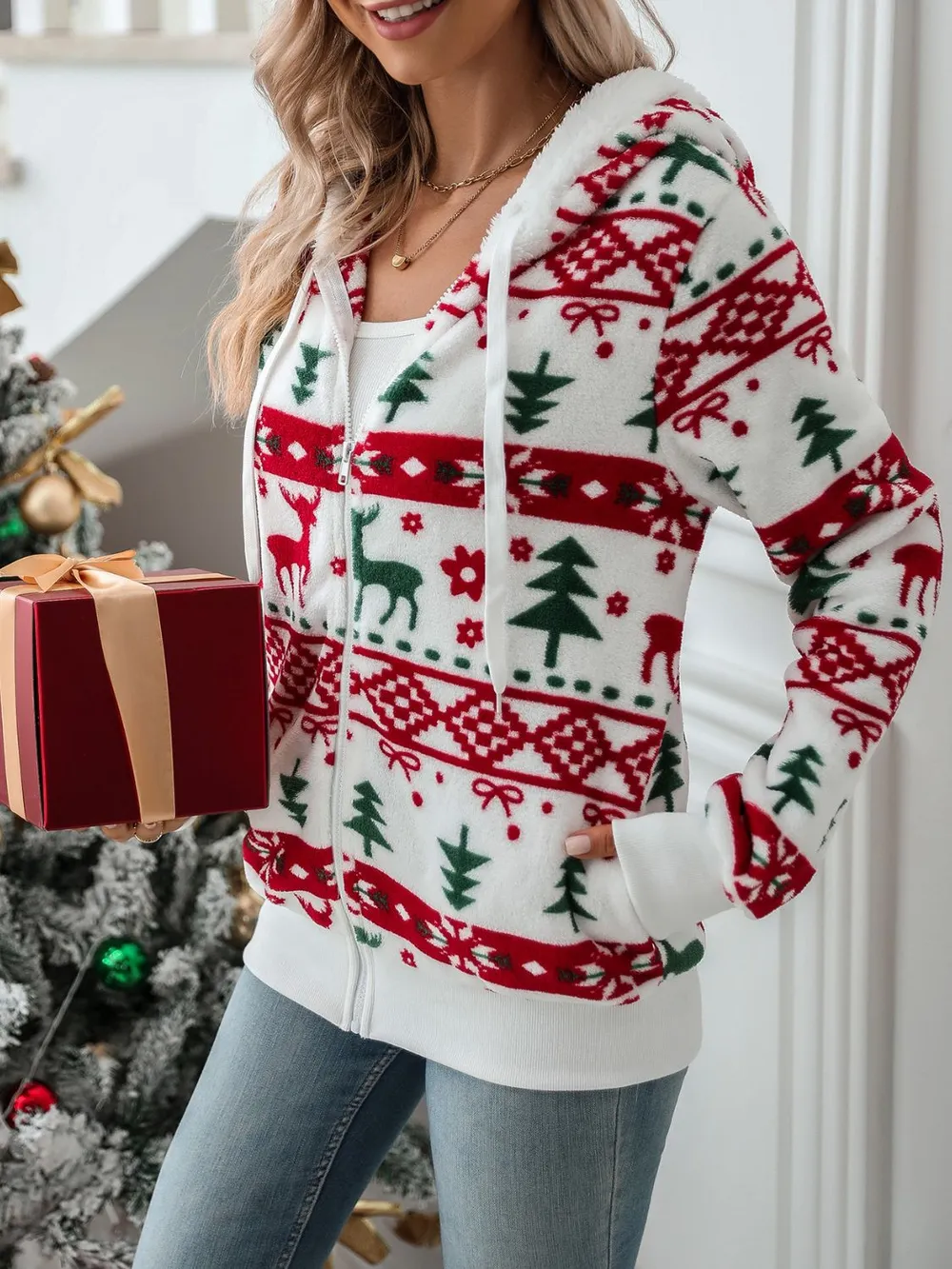 Drawstring Christmas Element Zip Up Hooded Jacket, image 5