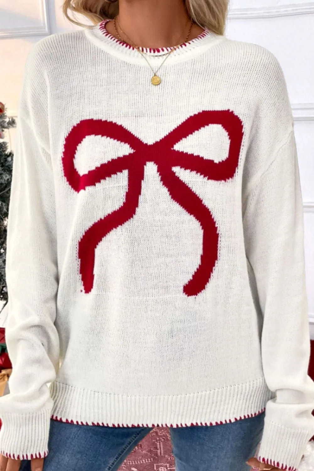 Bow Round Neck Drop Shoulder Sweater, image 7