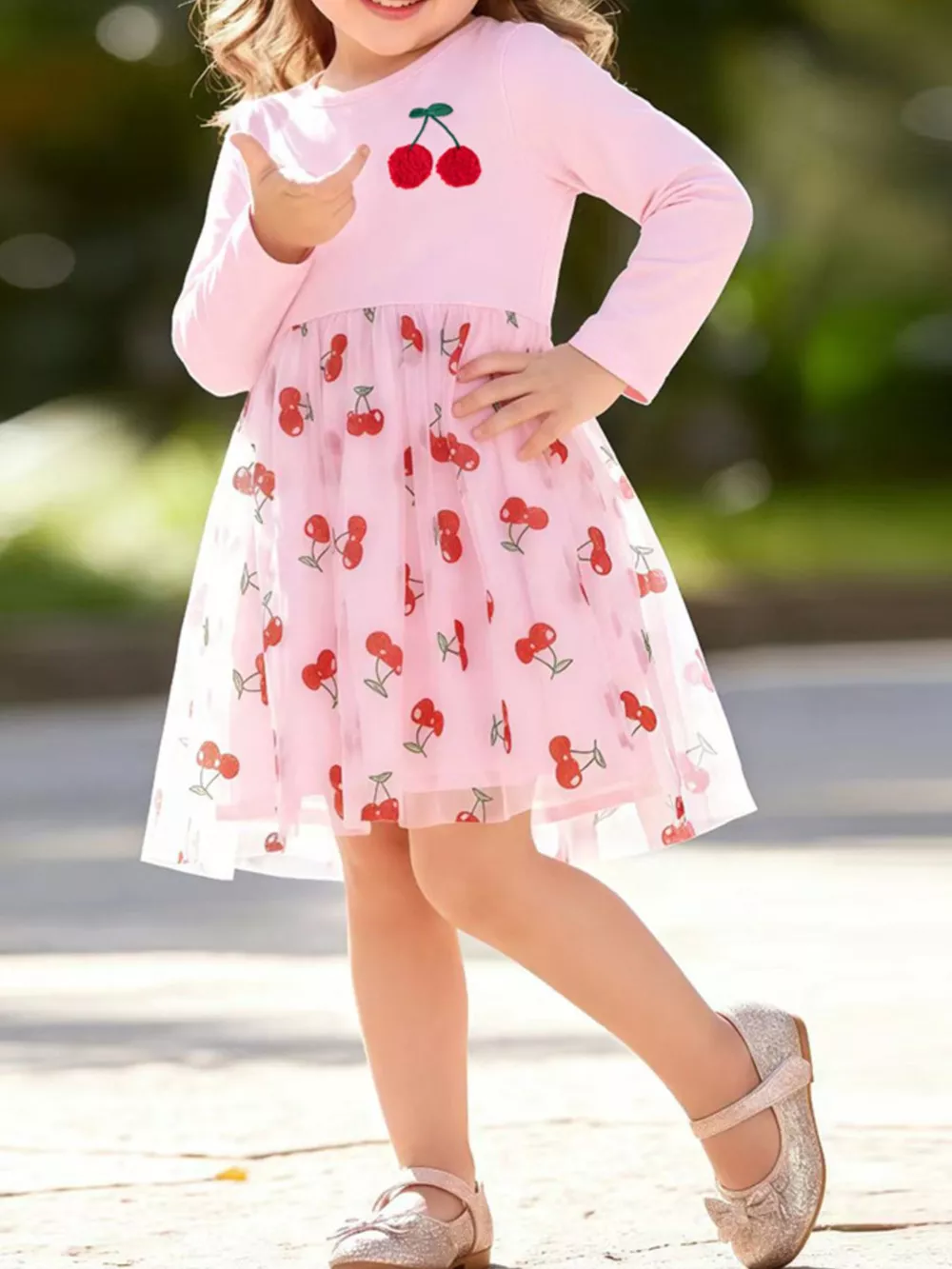 Children's Sweet Cherry Print Tulle Dress with Long Sleeves, image 2