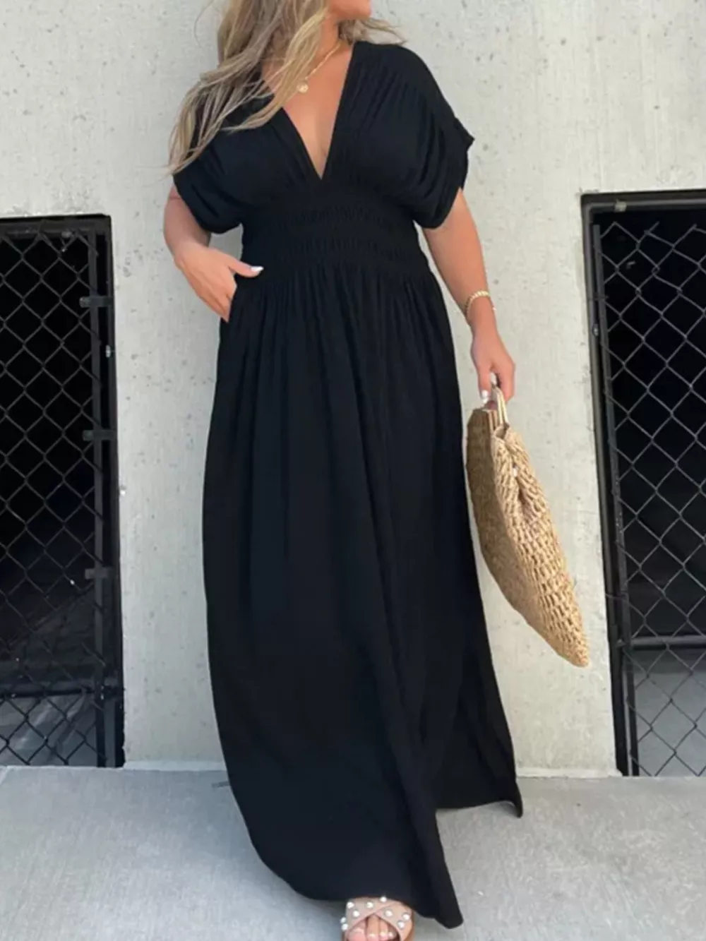 Full Size Slit V-Neck Smocked Waist Maxi Dress Plus Size, image 9