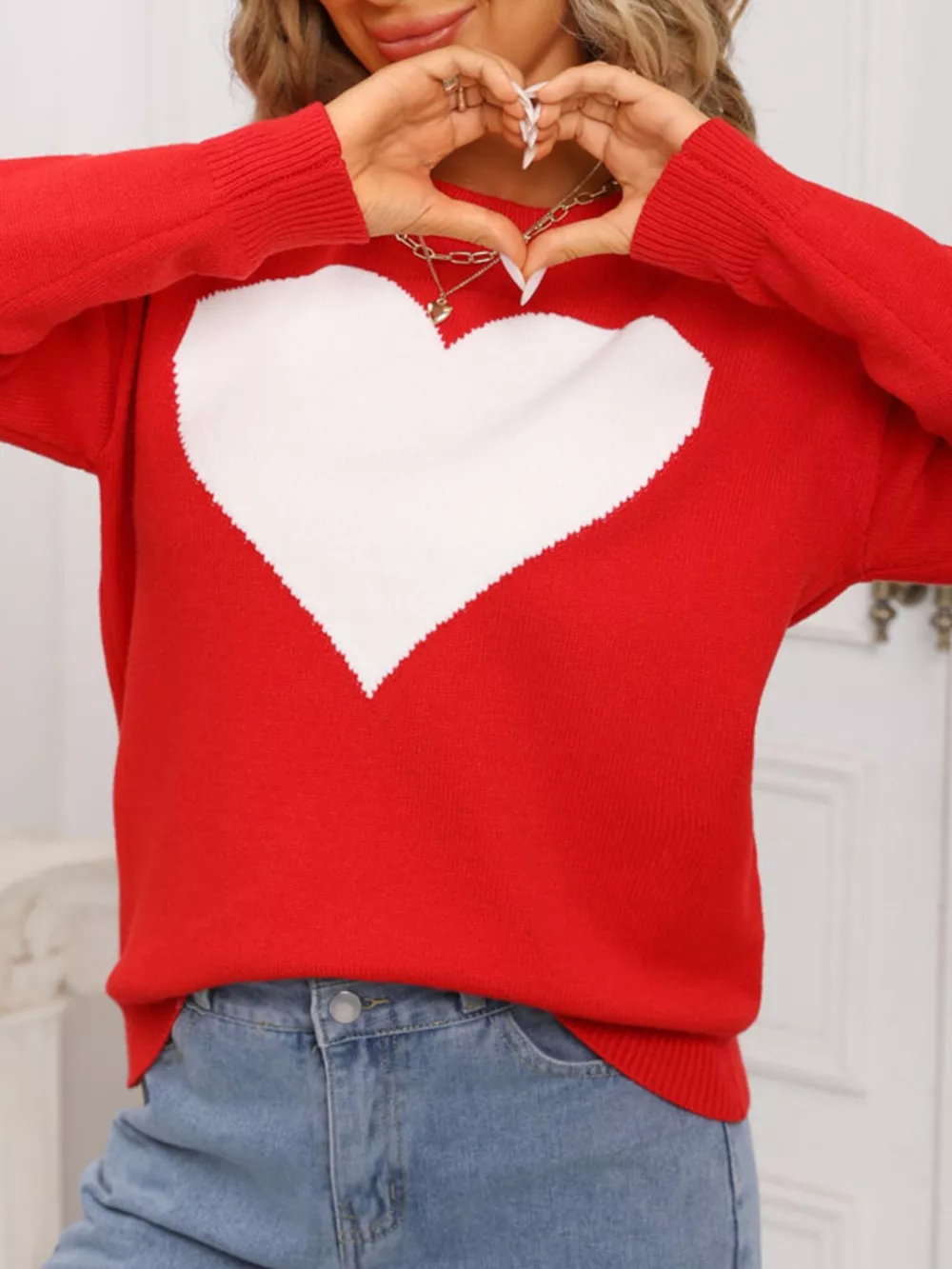 Valentine's Day Heart Round Neck Dropped Shoulder Sweater, image 11