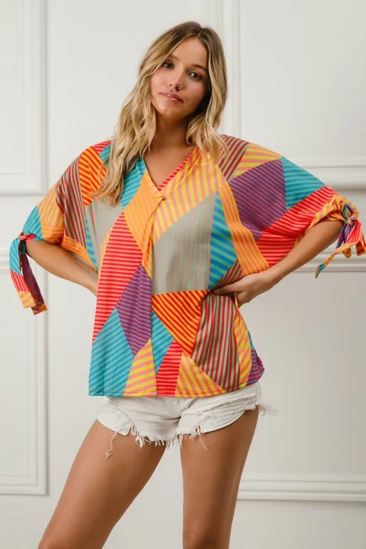 Multi Stripe Block Printed Jersey Blouse with Tied Sleeves, image 2