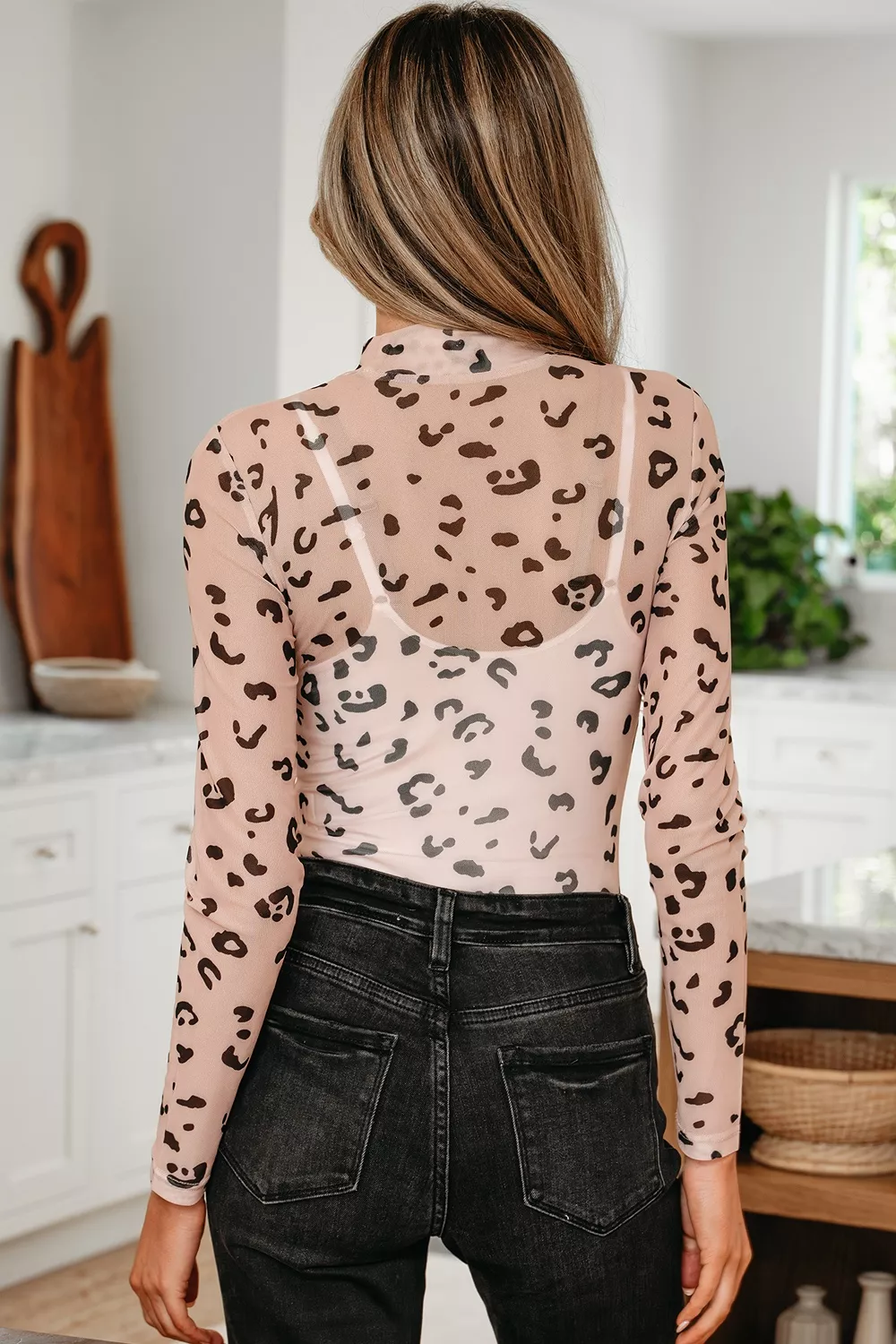 Mock Neck Sheer Mesh Leopard Long Sleeve Bodysuit, image 5