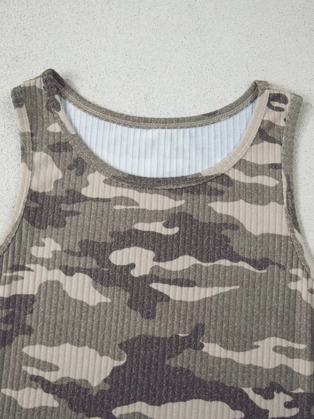 Camouflage Print Ribbed Knit Round Neck Tank Top, image 8