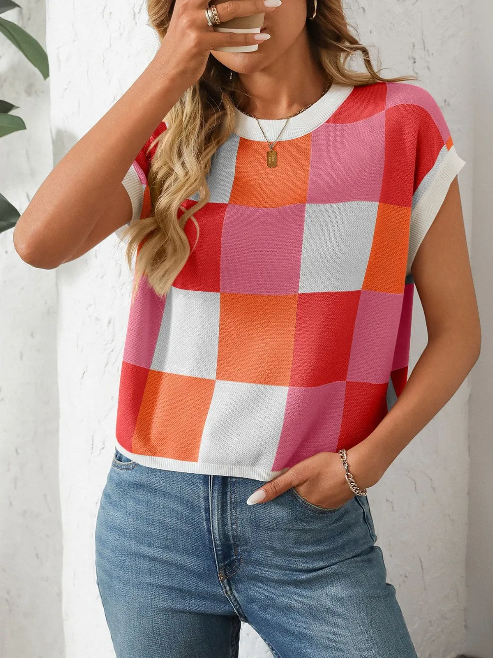 Checkered Round Neck Cap Sleeve Knit Top, image 20