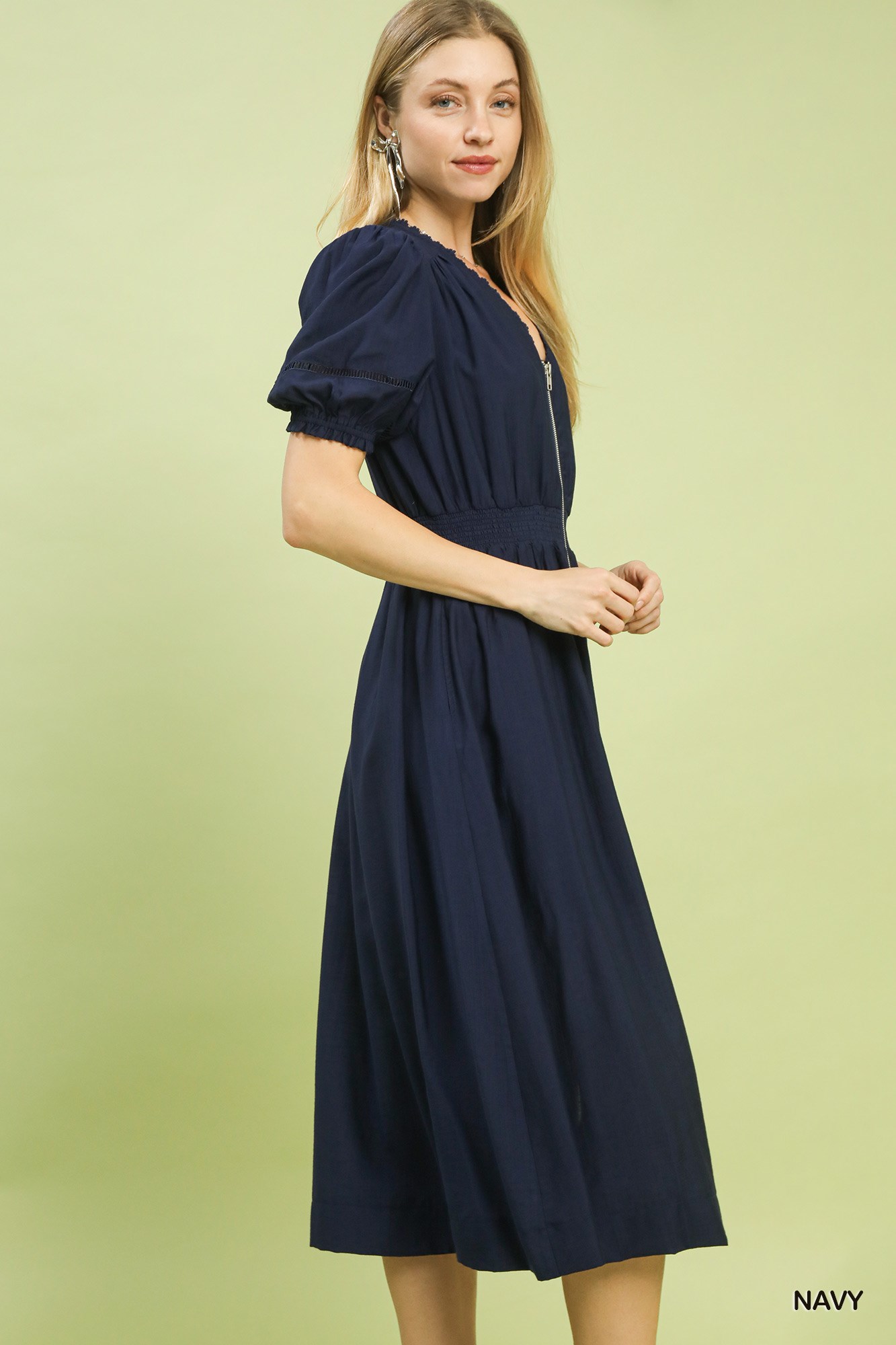 Zip-Front Smocked Waist Midi Dress, image 2