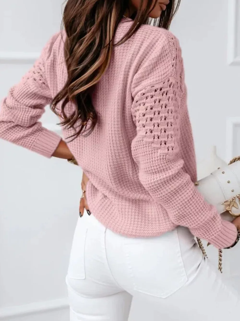 Textured Openwork Round Neck Sweater, image 3