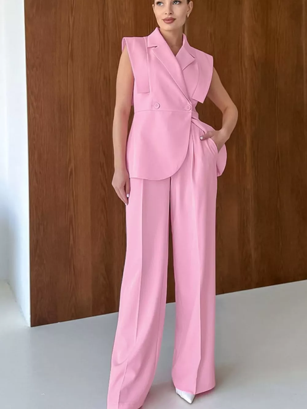 Sleeveless Blazer & Wide Leg Pants Set, image 2