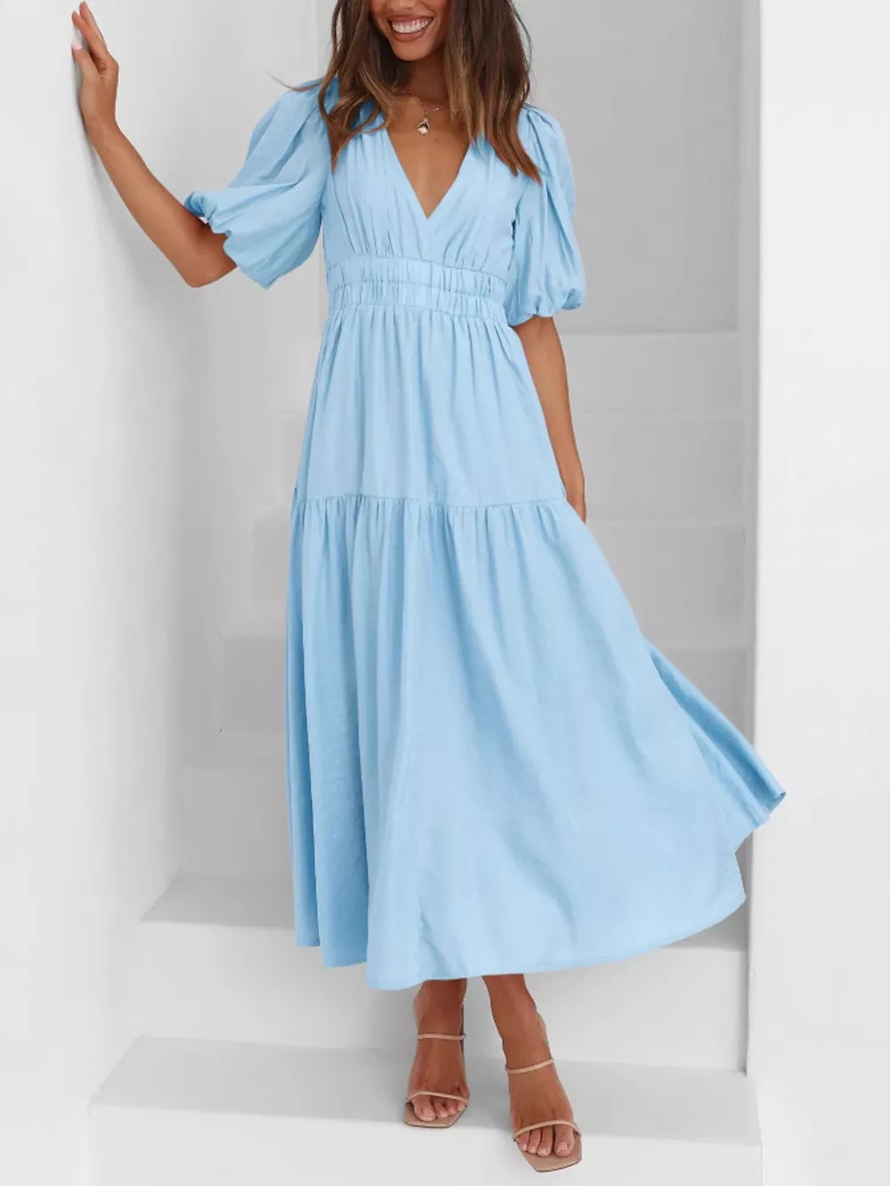 Elegant Puff Sleeve V-Neck Midi Dress, image 31