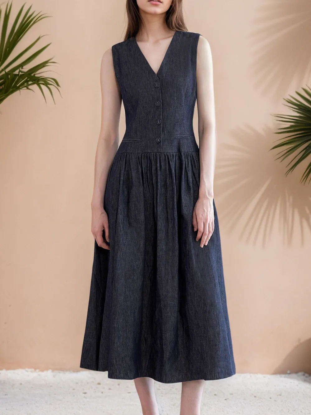 V-Neck Sleeveless Midi Dress