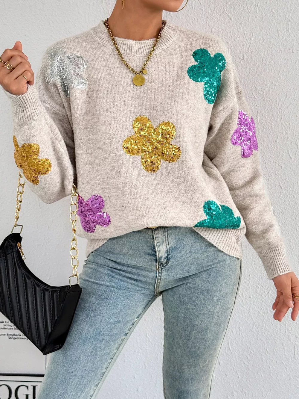 Sequined Floral Round Neck Sweater, image 3