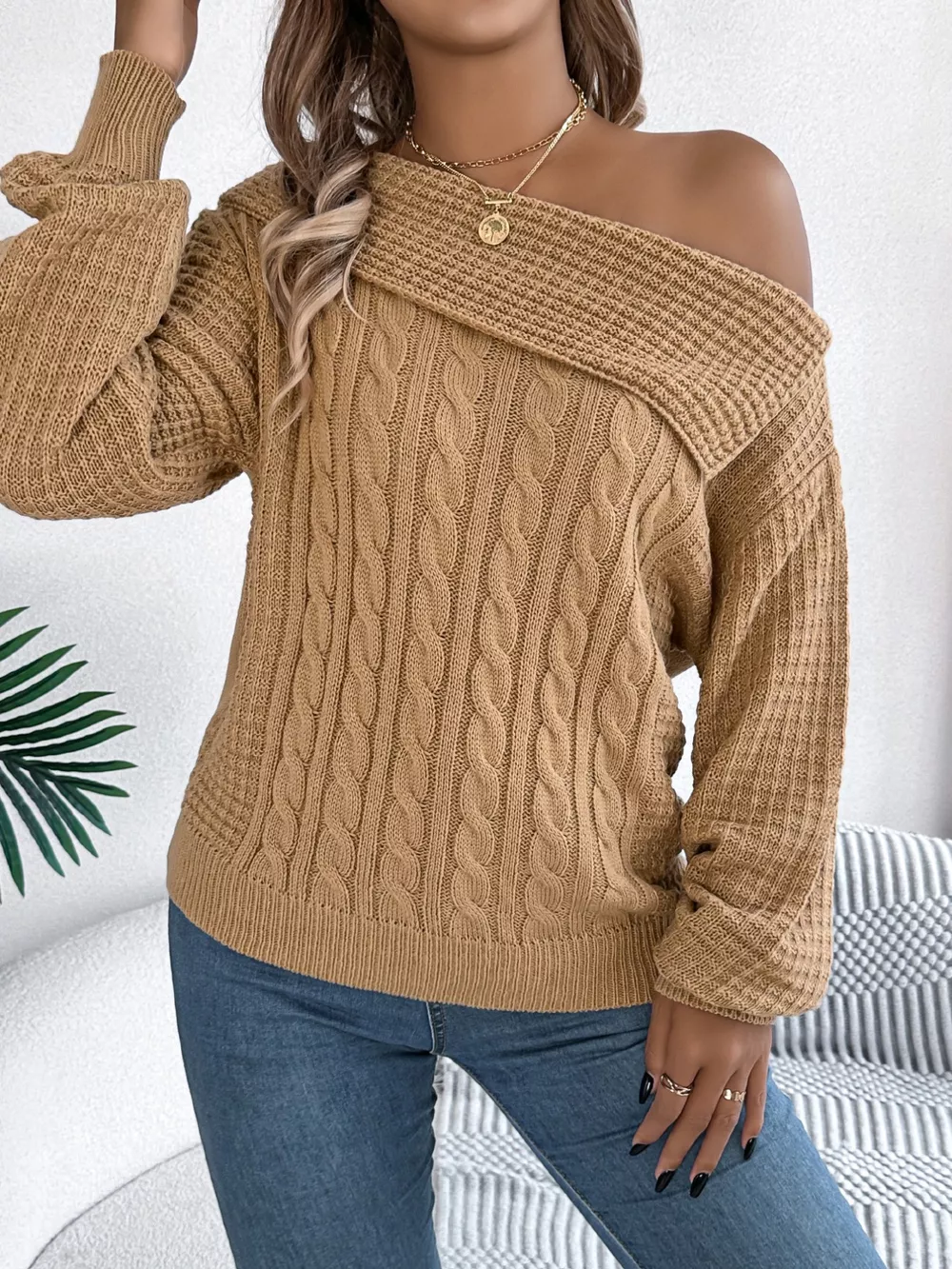 Off-Shoulder Cable Knit Sweater, image 18