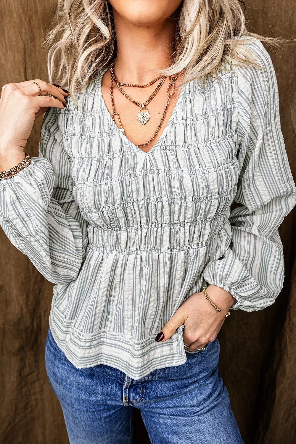 Stripe V Neck Shirred Long Sleeve Blouse, image 4