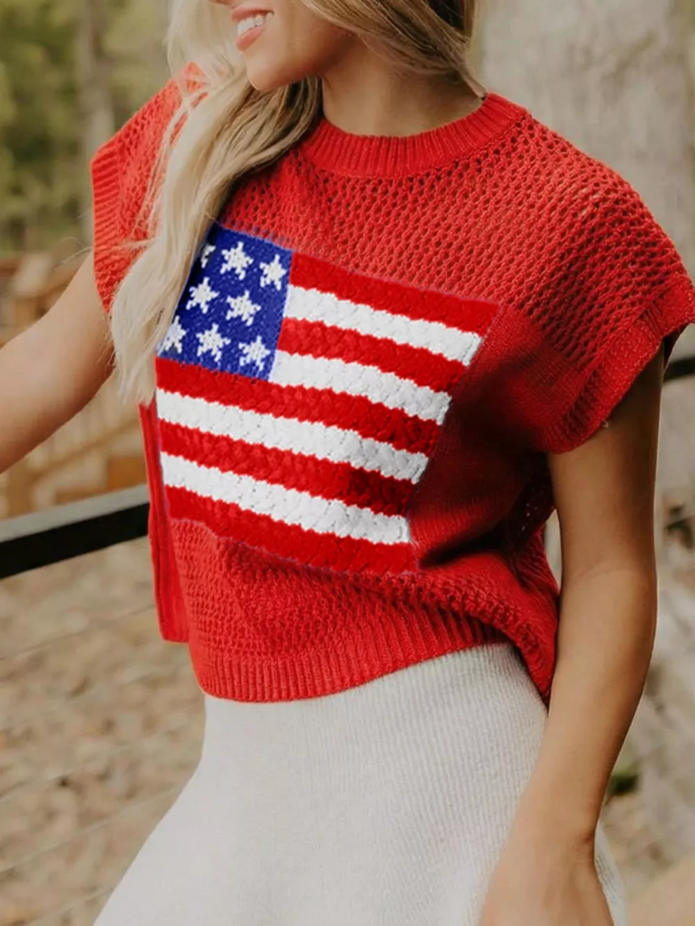 American Flag Knitted Short Sleeve Sweater, image 6