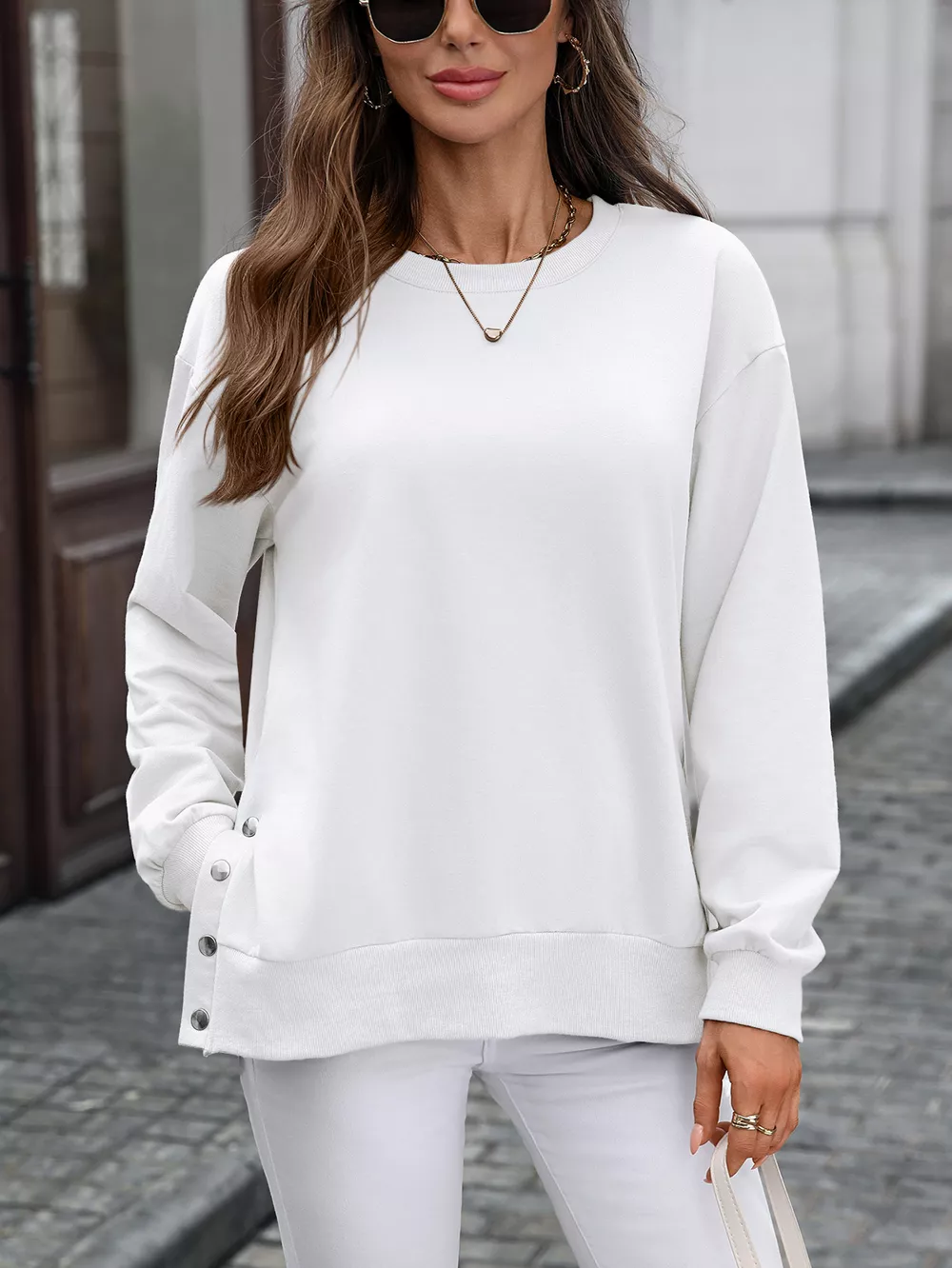 Side Snap Round Neck Sweatshirt, image 25