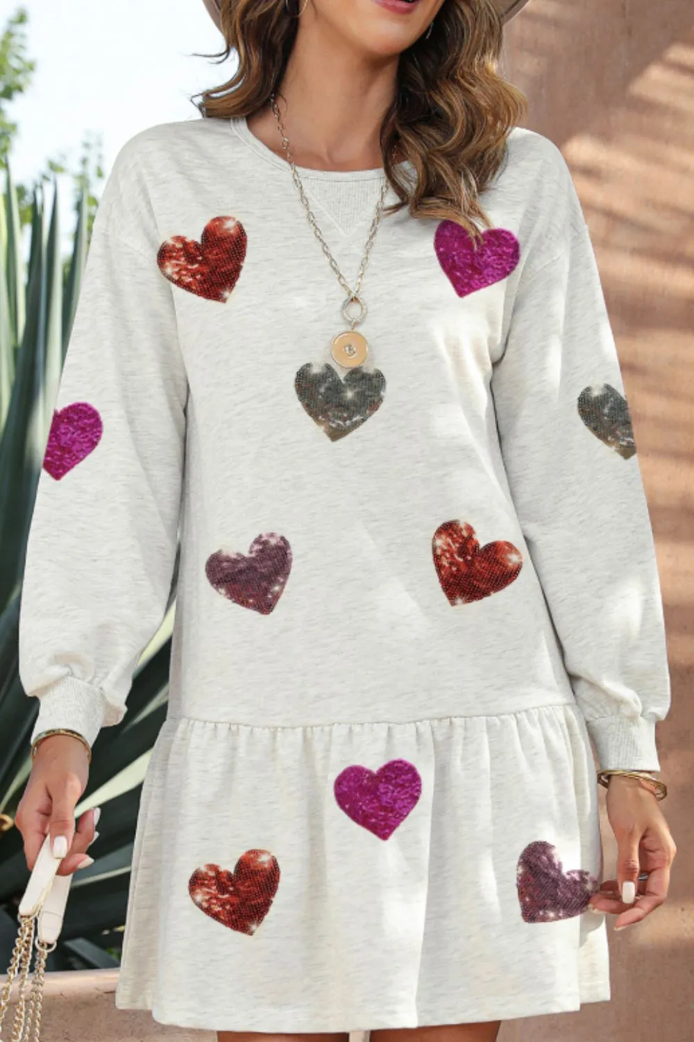 Sequin Heart Round Neck Long Sleeve Mini Dress, image 6