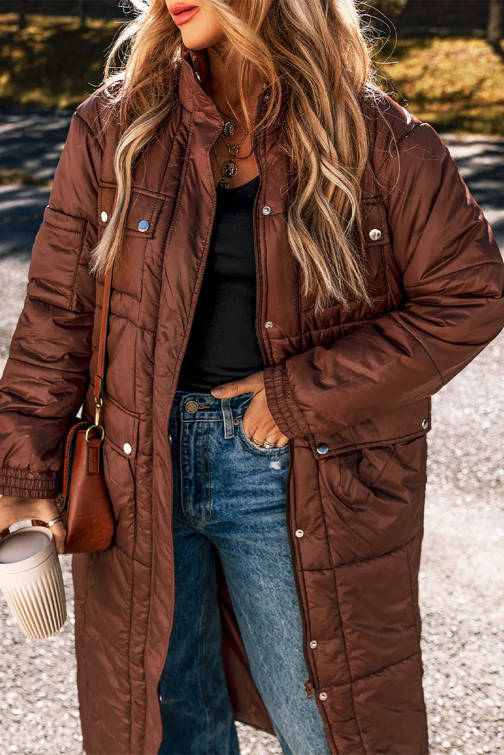 Pocketed Bubble Texture Long Sleeve Longline Winter Coat, image 6