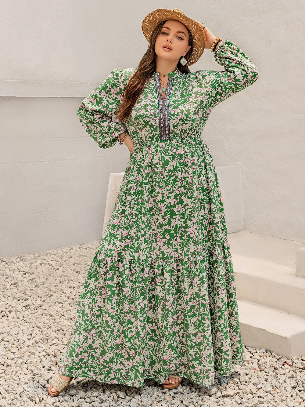 Plus Size Printed Notched Long Sleeve Maxi Dress, image 6