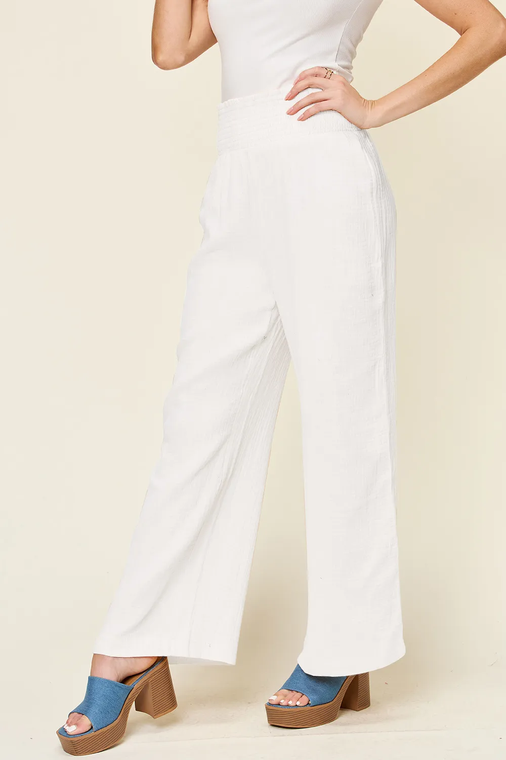 Full Size Texture Smocked Waist Wide Leg Pants, image 14