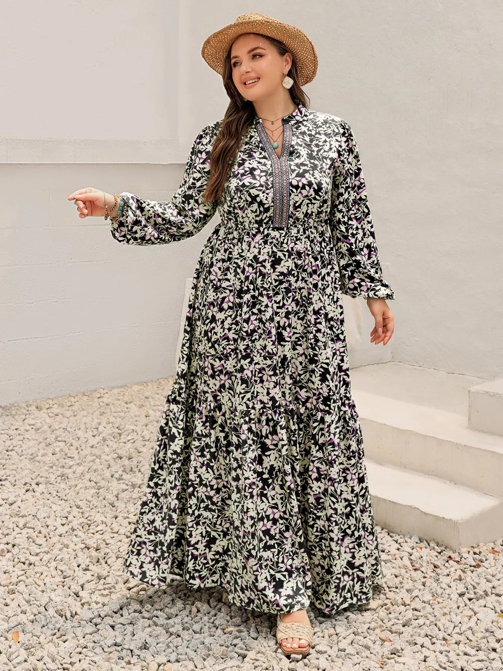 Plus Size Floral Print Long Sleeve Tiered Maxi Dress, image 8