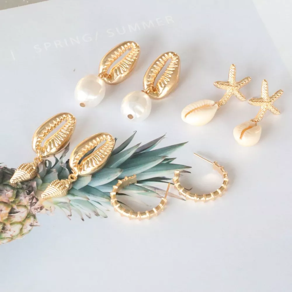 4 Pair 18K Gold-Plated Shell Minimalist Earrings, image 5