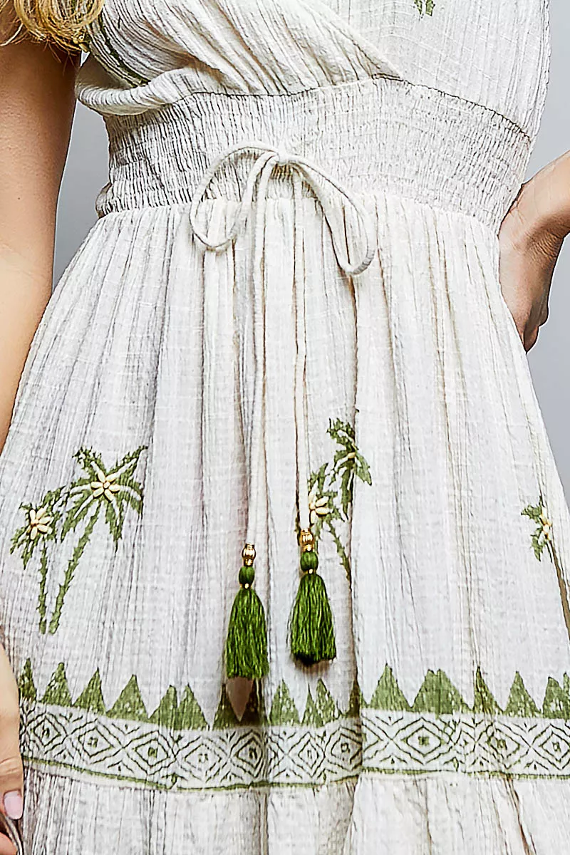 POL Palm Tree Print Wrap Bodice Smocked Waist Ruffle Hem Dress, image 9