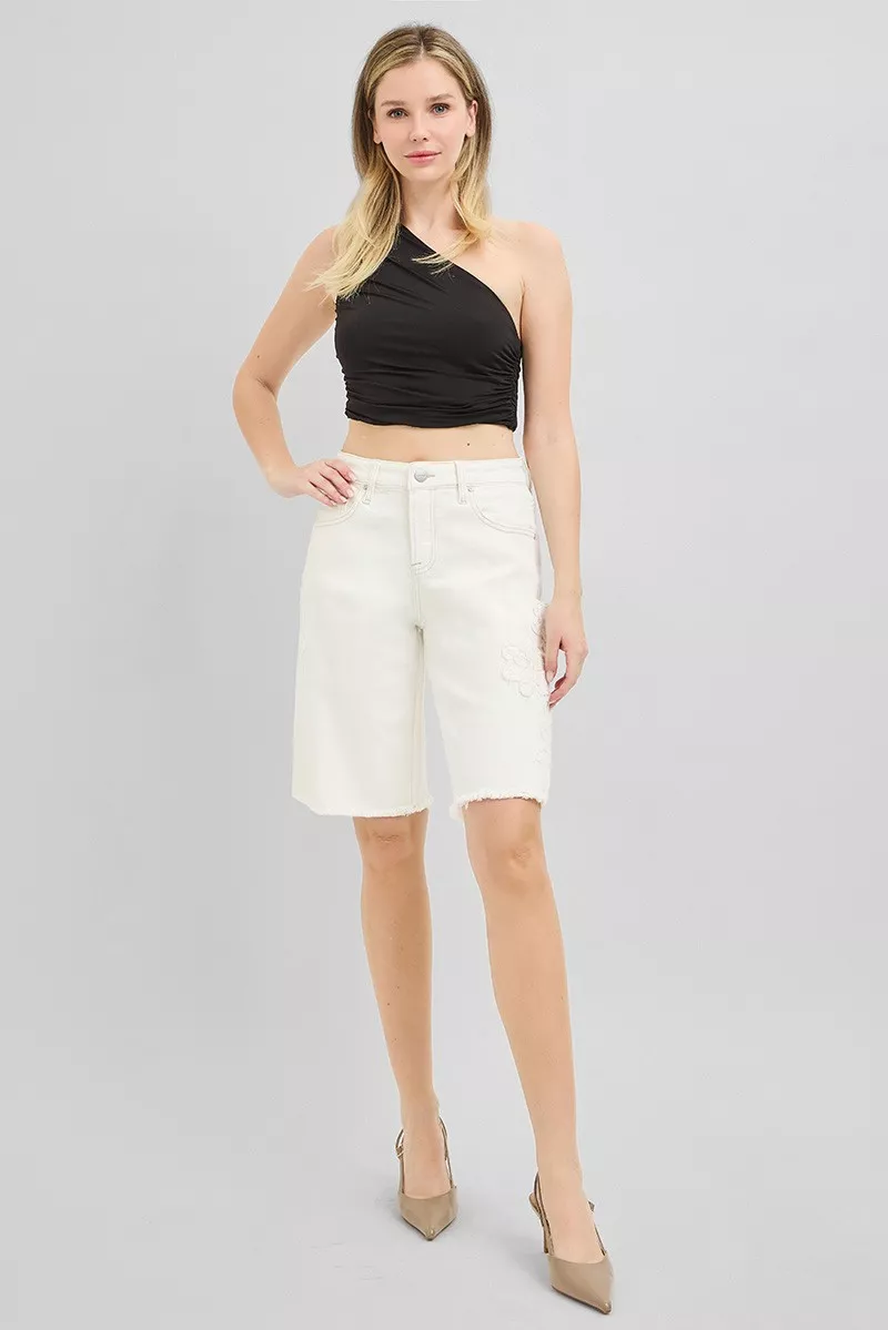 Slouchy Relaxed Floral Embroidered Bermuda Denim Shorts, image 8