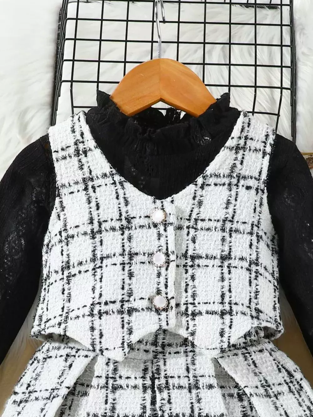 Children's Long Sleeve Top & Plaid Vest & Pleated Skirt Set, image 3