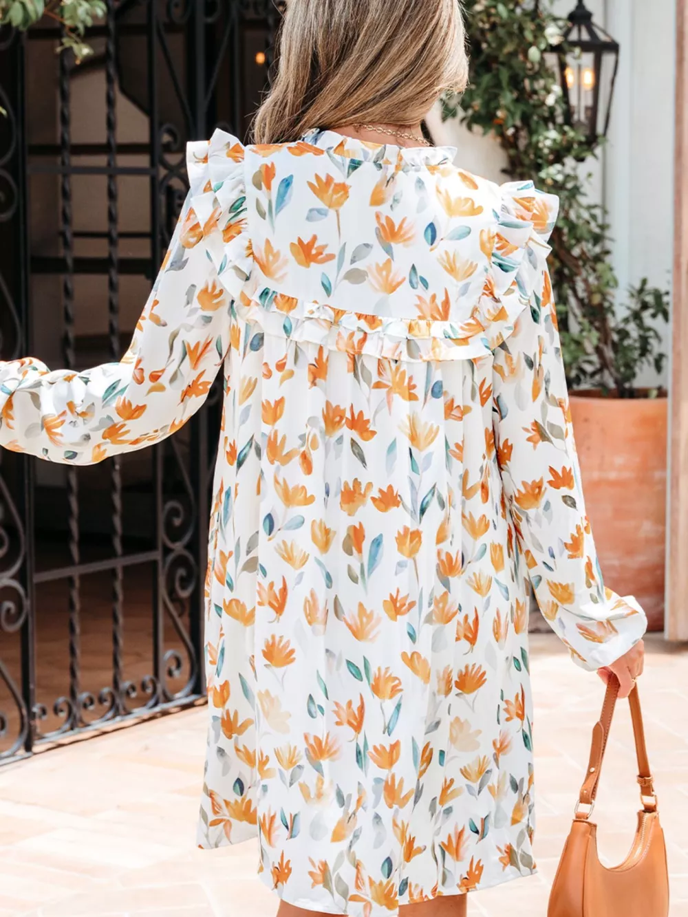 Floral Print Tie Neck Frilled Detail Long Sleeve Mini Dress, image 3