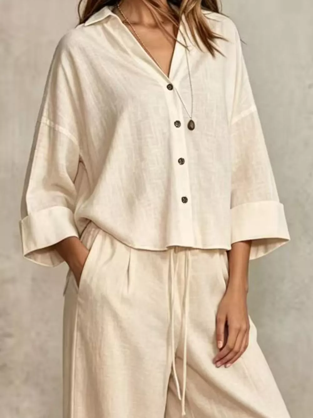 Full Size Button-Down Shirt and Wide-Leg Pants Set Plus Size, image 2