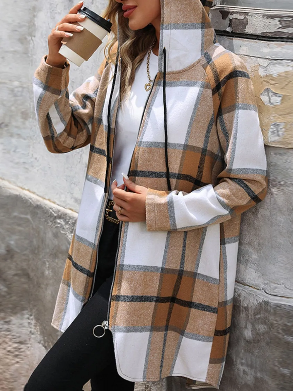 Drawstring Plaid Zip Up Long Sleeve Hooded Outerwear, image 2