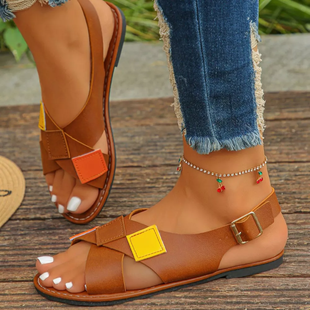 Colorful Patchwork Buckle Ankle Strap Sandals, image 5