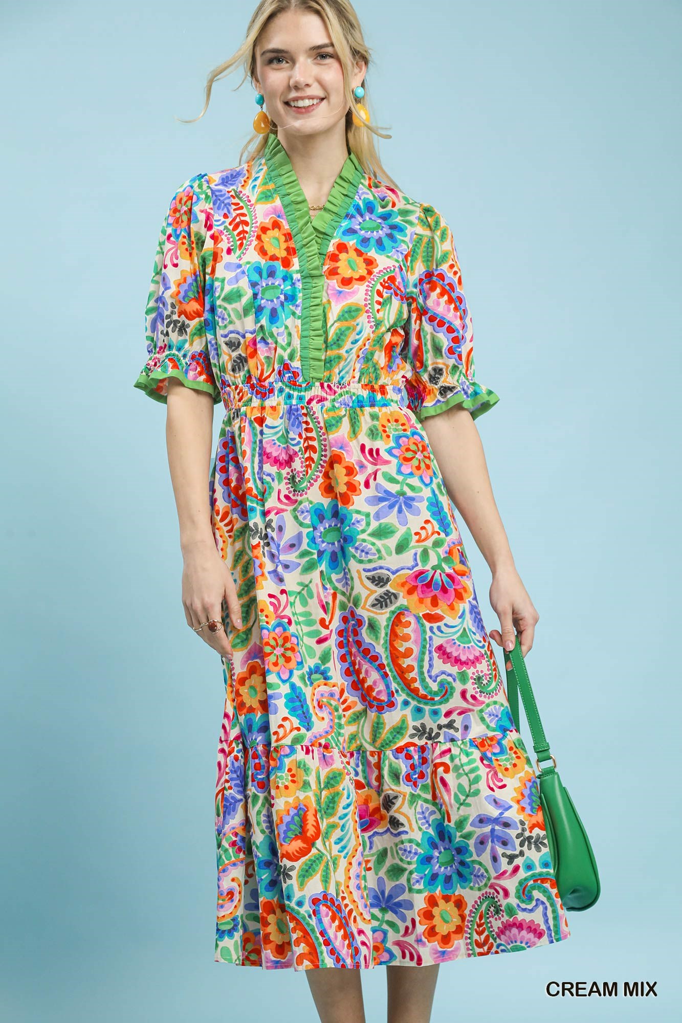 Mix Floral Midi Dress with Ruffle Trim