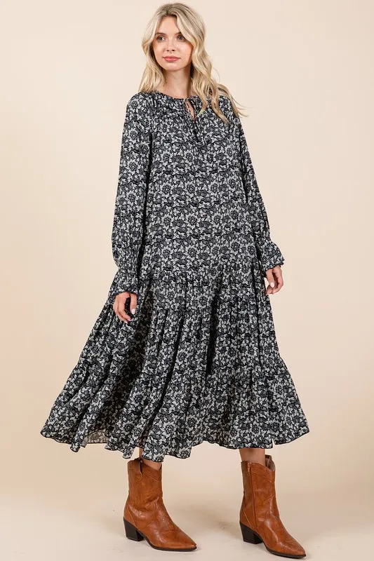 Printed Tie Neck Flounce Sleeve Midi Dress, image 4