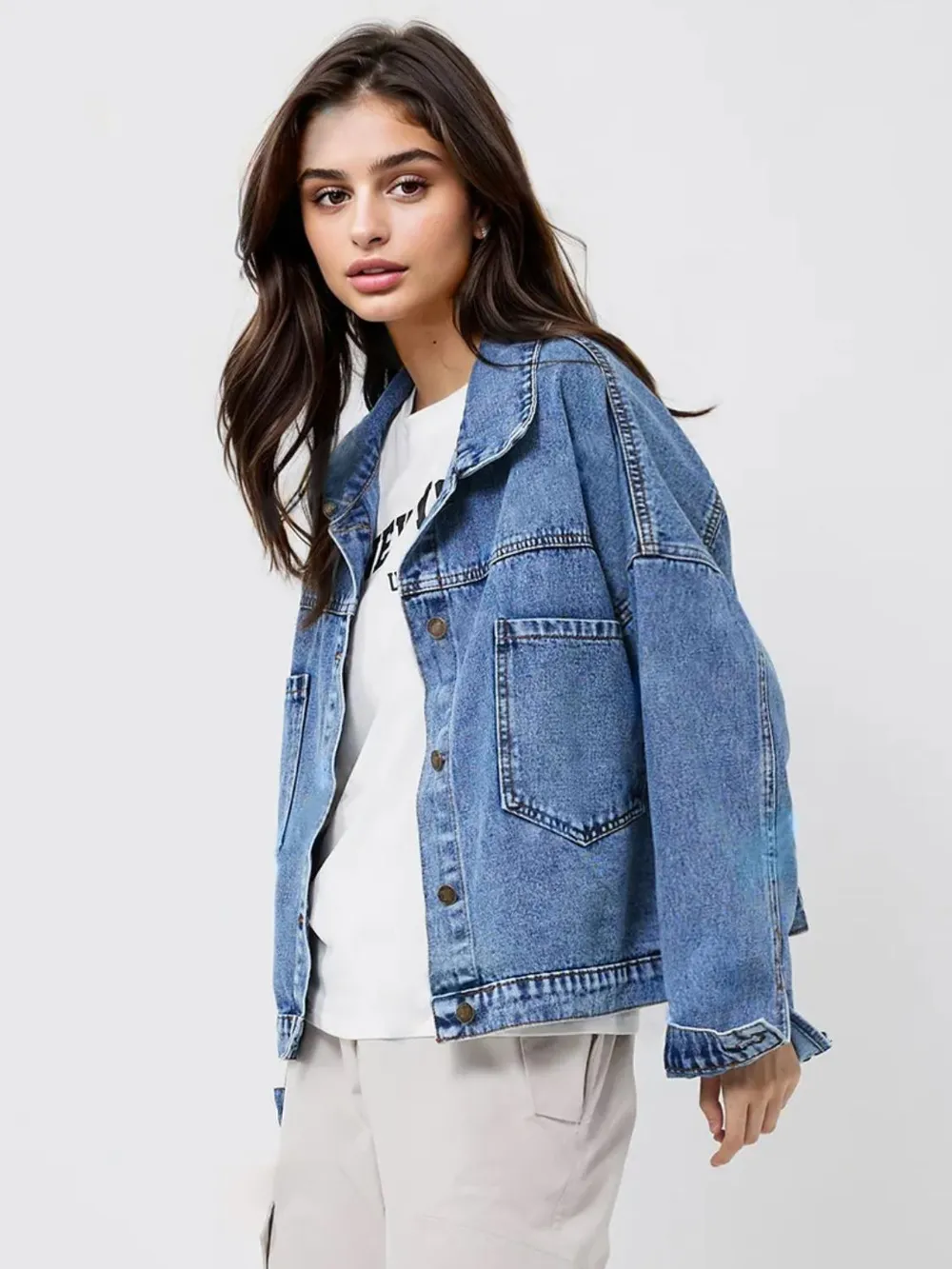 Pocketed Button Up Long Sleeve Denim Top, image 3
