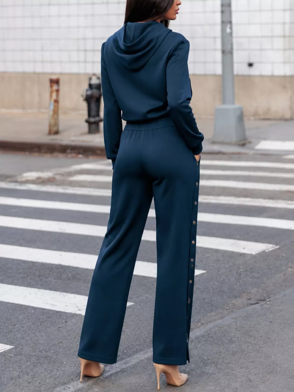 Hooded Zip-Up Jacket and Side-Button Wide-Leg Pant Set, image 2