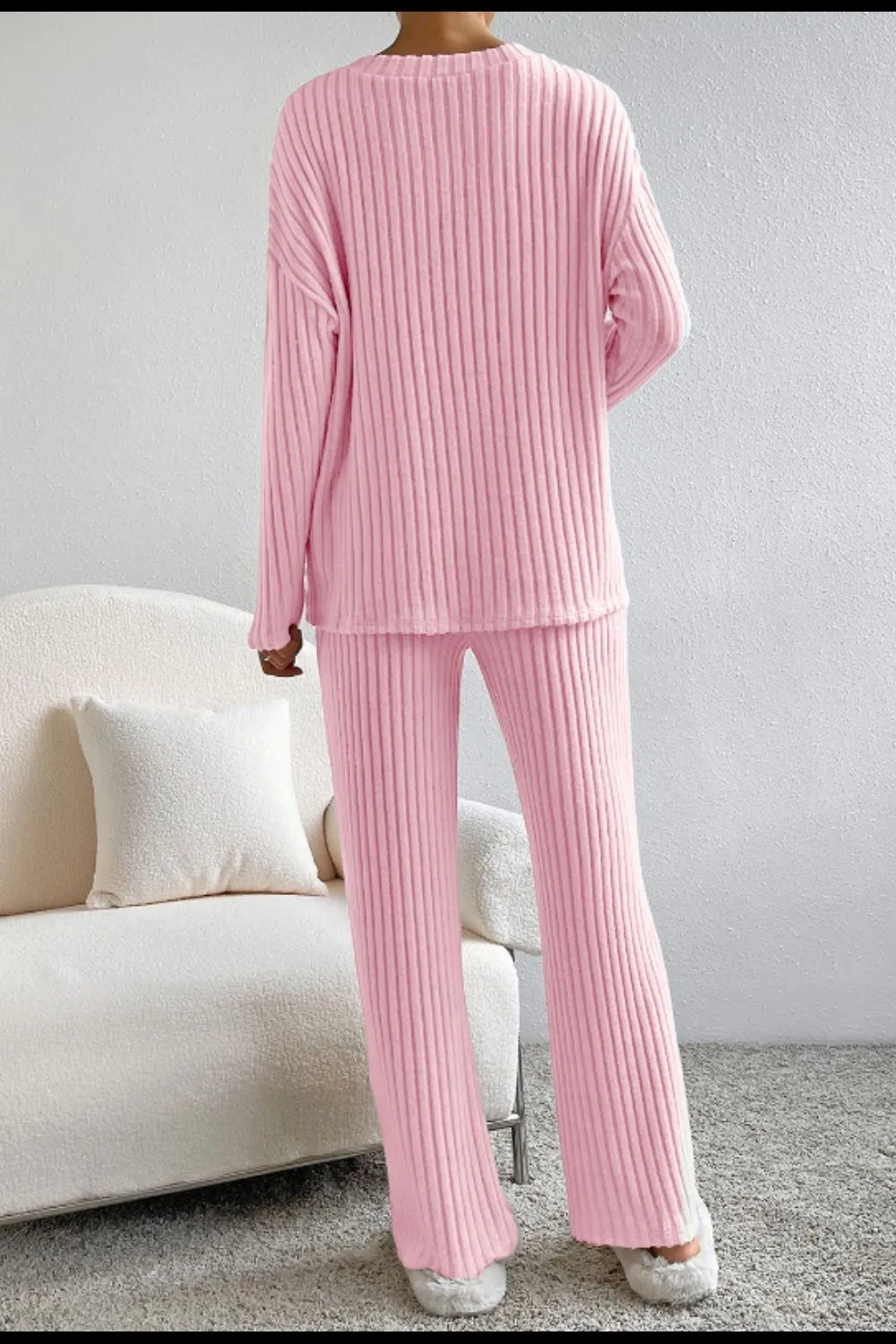 Ribbed V-Neck Top and Pants Lounge Set, image 3