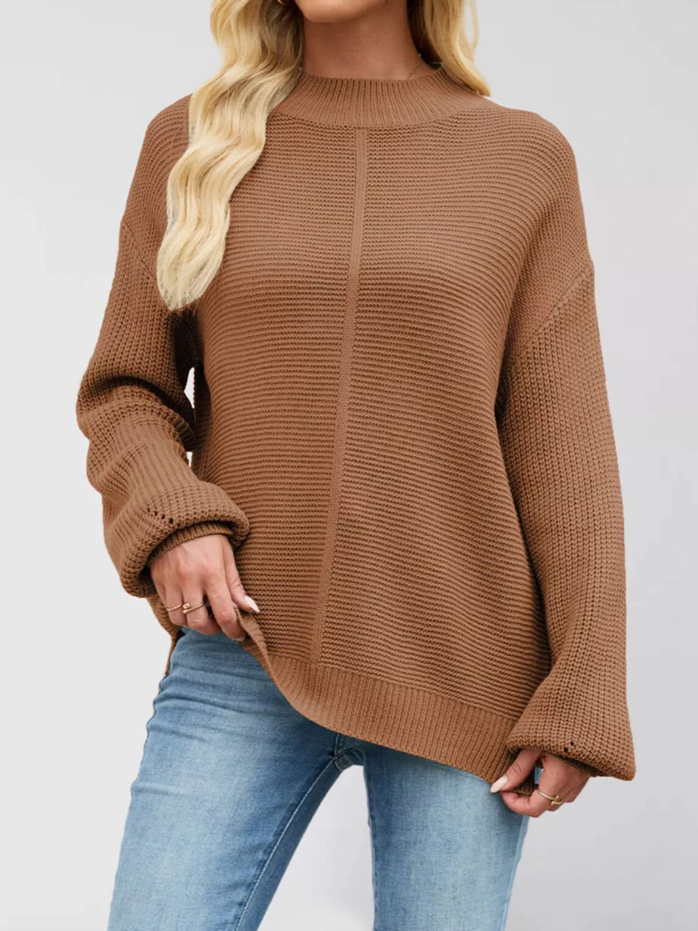 Ribbed Mock Neck Drop Shoulder Sweater, image 7