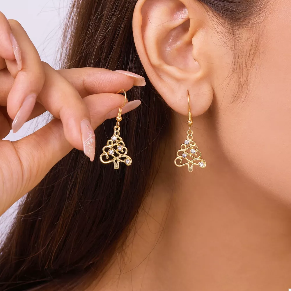 18K Gold-Plated Rhinestone Christmas Tree Dangle Earrings