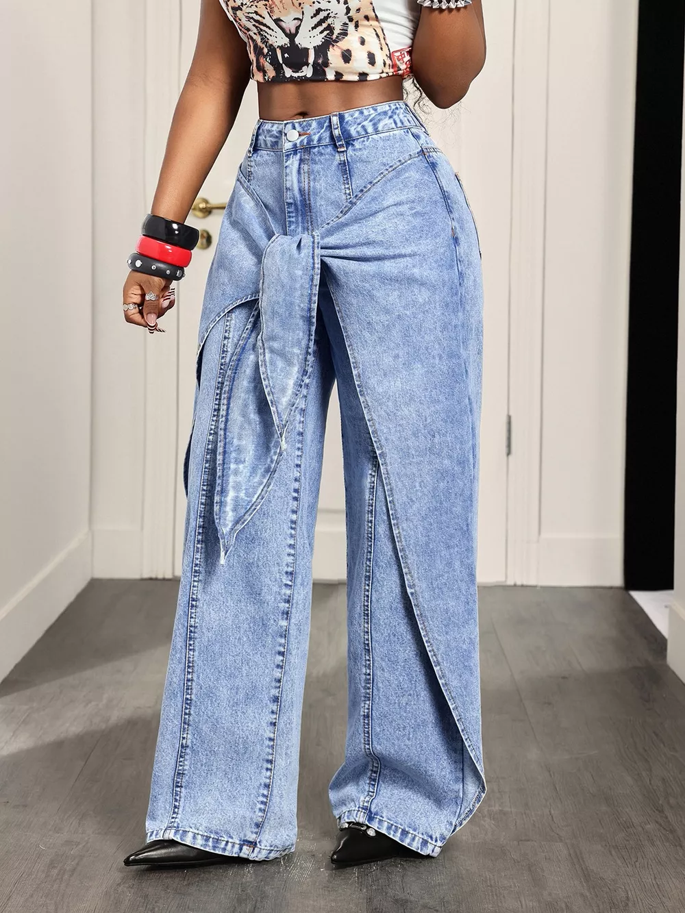 High-Waisted Ruffled Wide-Leg Jeans, image 2