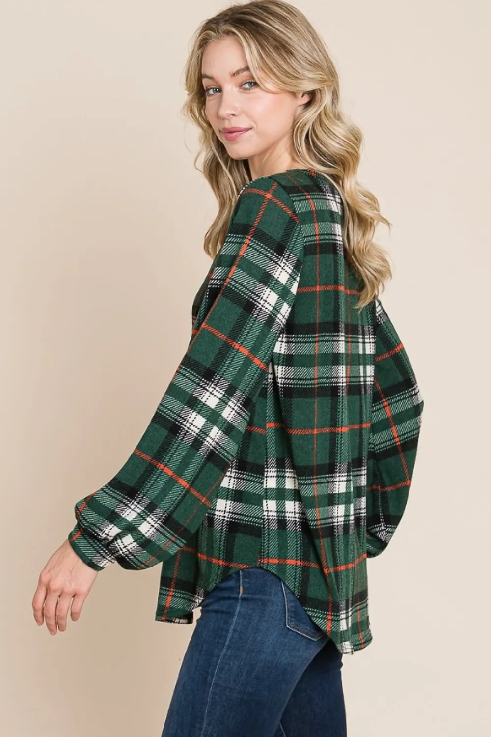 Curved Hem Plaid Round Neck Long Sleeve Top, image 2